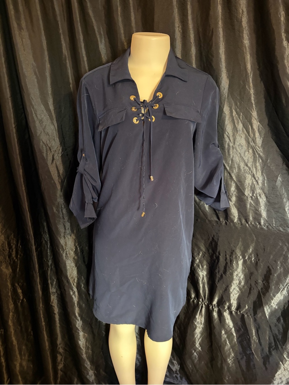 Calvin Klein Navy Lace-Up Collared Tunic Dress